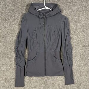 Lululemon Jacket Womens 6 Gray Hooded Full Zip Ruched Sleeves Pockets Athletic‎